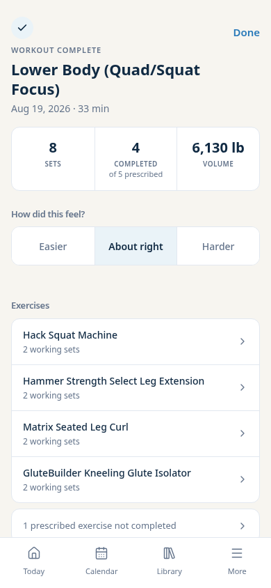 Completed FD Trainer workout summary.