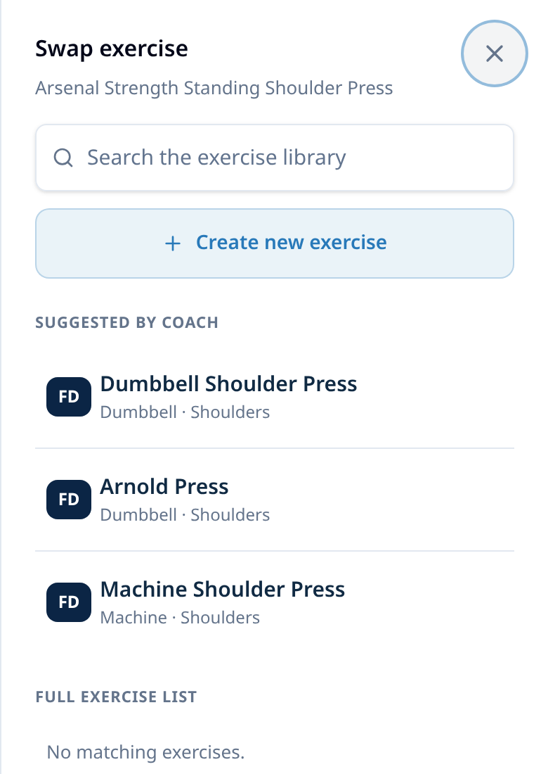 FD Trainer swap an exercise screen.