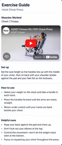 FD Trainer exercise guide showing setup, execution, cues, and video.