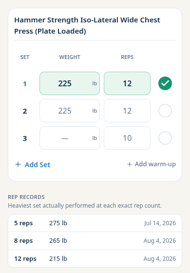 Previous results and rep records beside a current FD Trainer workout.