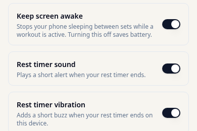 FD Trainer settings for rest timer sound, vibration, and keeping the screen awake.