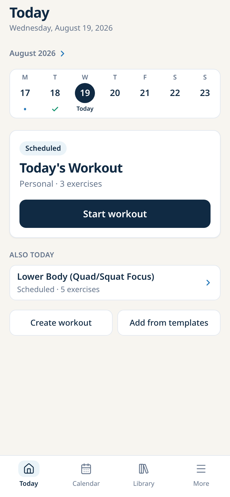 FD Trainer Today screen with a scheduled workout ready to begin.